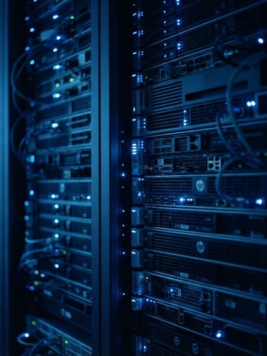 Minimalist server architecture with glowing status indicators, cool low-key blue lighting, sharp focus, 35mm