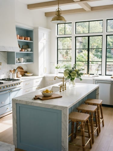 A sunlit luxury kitchen with polished marble countertops, natural light streaming through large windows, bright interior photography, 35mm