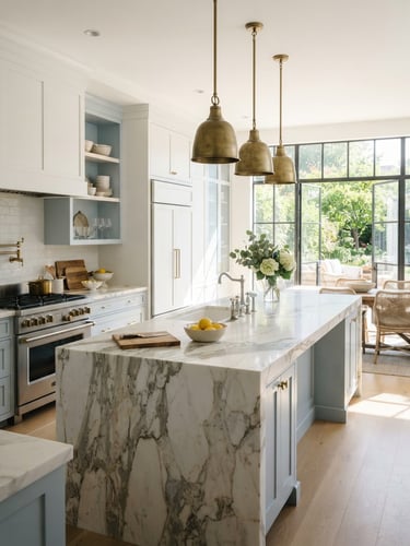 Bright interior photography of a luxurious sunlit kitchen with polished marble countertops, natural daylight, sharp focus, 35mm