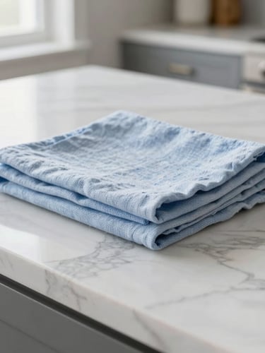 Close-up of a sparkling marble countertop in a modern Canadian kitchen, neatly folded linens, bright natural daylight, sharp focus, 35mm