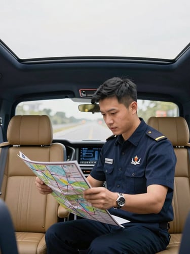 Professional driver in uniform reviewing a map inside a luxury coach, focused and organized, soft overcast daylight, deep navy and gold tones, 35mm
