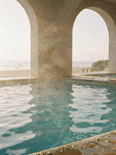 Warm editorial photography of a sun-drenched stone thermal pool with soft morning light filtering through high arches, rippling water, minimal composition, 35mm film