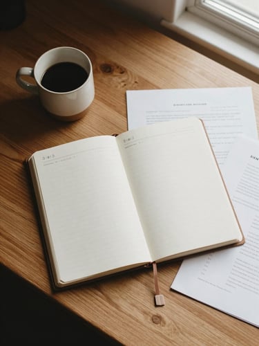 Overhead flat-lay of an organized wooden desk, a clean open planner, a ceramic coffee mug, and neat physical documents under soft morning daylight.