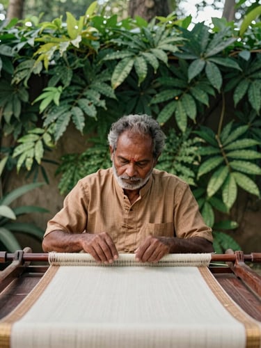 Portrait of a Maharashtrian artisan weaving traditional fabric, soft natural daylight, rich earth tones, lush greens, wide cinematic framing, 35mm