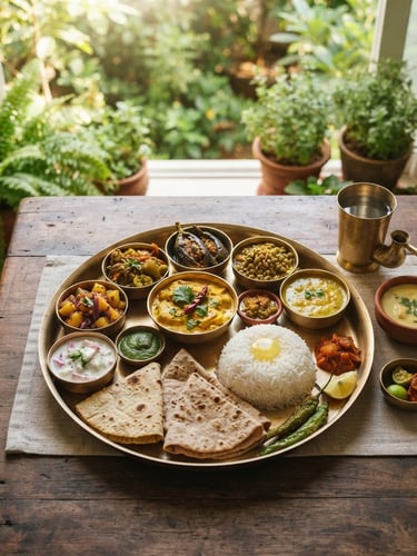 A beautifully plated traditional Maharashtrian thali, shot from above, with soft natural daylight, rich earth tones, and lush green background, wide cinematic framing.
