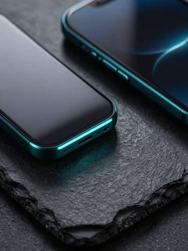 Close-up macro shot of sleek tech gadgets with cool studio lighting and sharp high-contrast shadows on a dark slate background.