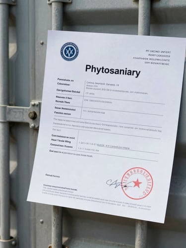 A close-up of an official phytosanitary certificate document resting on a metal shipping container latch.