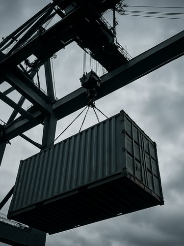 Low-angle high-contrast shot of a steel shipping container being hoisted by a port crane under overcast maritime skies, industrial crane structure framing the shot.