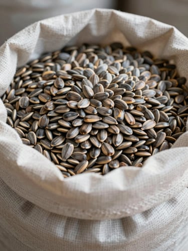Extreme close-up of raw agricultural oilseeds in a heavy woven industrial sack under neutral daylight.