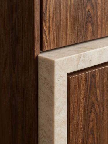 Close-up architectural photograph of a material transition, dark oak wood paneling meeting a honed cream travertine marble edge, soft side lighting, sharp focus on texture.