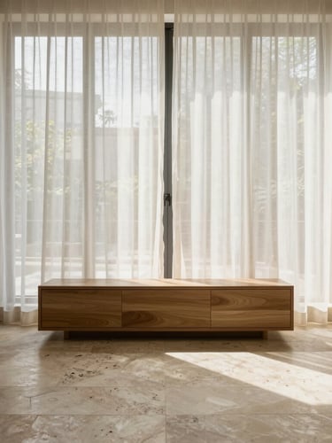 Symmetrical architectural shot of a high-end residential living area, natural soft daylight filtering through sheer linen curtains, travertine stone floor meeting a low oak credenza, minimalist styling.