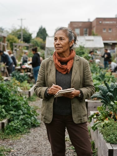 A wide environmental portrait of a local community leader in natural, diffused overcast daylight, looking slightly off-camera, desaturated earth tones.