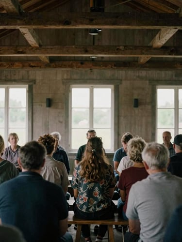 Wide environmental shot of a community gathering in a rustic wooden hall, natural diffused window light, desaturated earth tones, documentary film photography