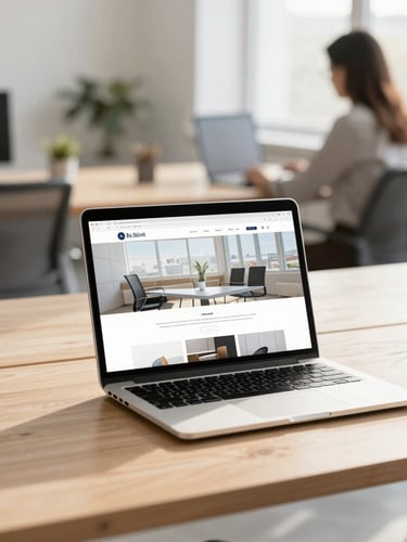 bright editorial business photography, natural office light, warm professional tones, clean modern workspaces, shallow depth of field, a laptop showing a clean website design on a slate desk, a professional working in the background