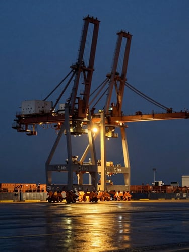 Architectural crop of a modern deep-water shipping port, massive steel cranes against a deep twilight sky, warm gold ambient lighting casting long reflections on wet asphalt, premium editorial corporate photography, 35mm
