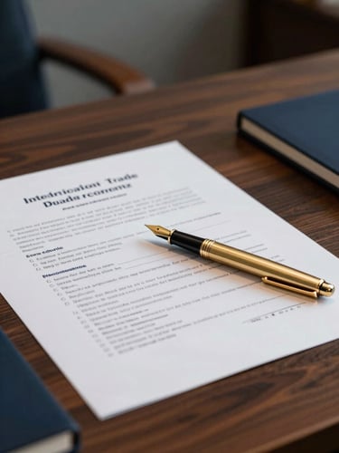Close-up of signed international trade agreements on a dark walnut desk, a gold fountain pen resting on the paper, soft warm focus, cool low-key corporate office lighting, 35mm