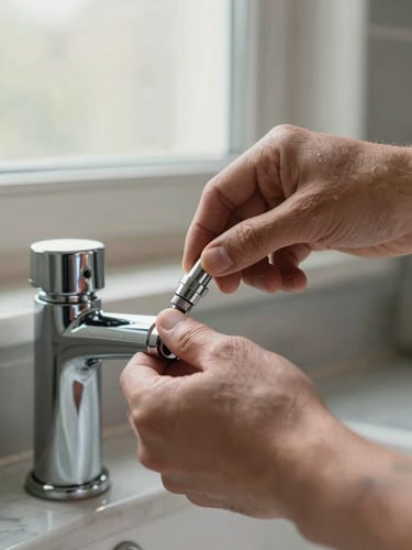 Extreme close-up of a plumber's steady hands installing a chrome fixture inside a high-end Paces bathroom, crisp controlled daylight from a frosted window, polished marble countertop edge visible at bottom of frame, zero motion blur