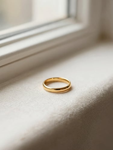 Macro editorial photography of a minimalist workspace in London, a delicate gold-plated ring resting on textured linen near a window, soft north-facing daylight, shallow depth of field, 35mm