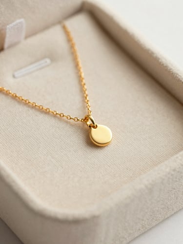 Extreme close-up of a tiny gold-plated necklace resting inside a soft cream cardboard jewelry box on textured linen, soft natural daylight, macro photography