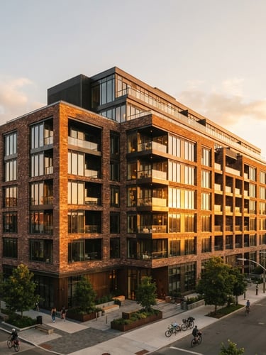 Warm architectural photography of the completed Stage 1 residential building at golden hour, detailed brickwork and large windows reflecting warm sunlight, clean architectural lines.