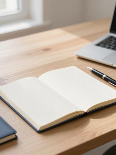 Bright editorial photography of a clean minimalist workspace, soft natural daylight, a neat notebook and a pen on a wooden desk, 35mm.