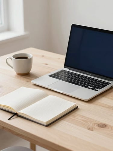 Bright editorial photography, soft natural daylight, clean minimalist workspace with a laptop, organized notebook, and a ceramic coffee cup on a light wooden desk, neutral tones with navy accents, professional, 35mm