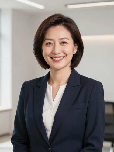 Professional portrait of a female executive in her late 40s, warm friendly smile, soft natural light, clean neutral background, corporate minimalist style.