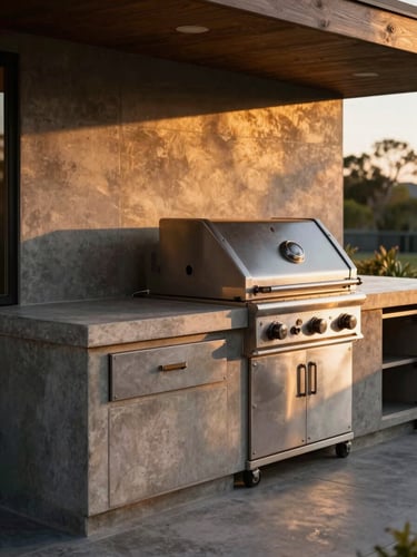 Close-up of custom outdoor custom BBQ area, architectural concrete counters, premium stainless steel grill, warm golden-hour light, sharp focus.
