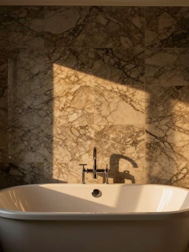 Warm golden-hour interior light illuminating a luxury bathroom with custom marble tile alignment and a freestanding soaking tub