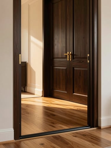 Clean architectural transition zone inside a luxury home, dust-tight protective seal on doorway, pristine hardwood floors protected with heavy-duty runner