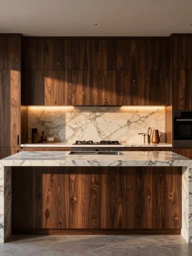 Straight-on architectural shot of a bespoke kitchen island with bookmatched marble and custom dark oak millwork, warm under-cabinet lighting