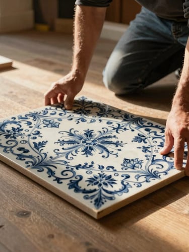 Detail shot of a craftsman's hands carefully aligning a large-format porcelain tile on a perfectly leveled floor, warm ambient side-light, sharp focus.