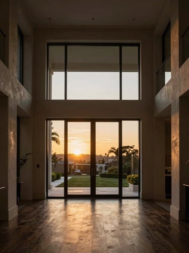 Straight-on architectural photography of a luxury California home interior, warm golden-hour light streaming through large windows, clean lines, rich dark tones.