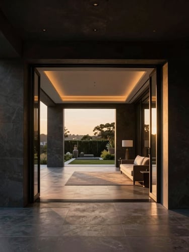 Straight-on architectural photography of a luxury home interior showing a clean transition to an outdoor terrace, warm golden-hour light, rich dark tones, sharp focus.