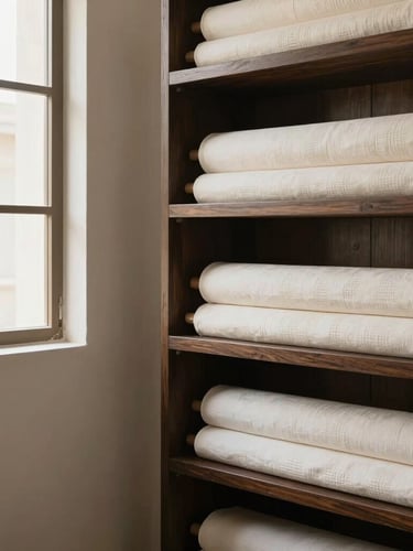Tactile interior of a luxury tailoring atelier in Lahore, soft natural light streaming through high windows, rolls of premium unstitched cotton and linen fabrics on dark wooden shelves, minimalist aesthetic.