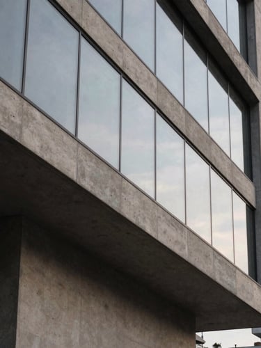 Architectural close-up of a modern corporate building facade in Nova Lima, sharp concrete angles and glass reflecting soft overcast daylight, professional medium format, deep shadows