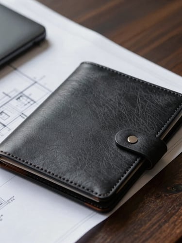 A close-up of high-quality leather folders containing architectural blueprints on a dark wooden table, soft side lighting, corporate tones.