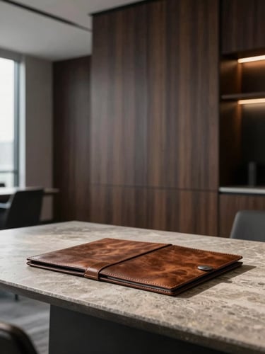 Minimalist corporate office interior with dark wood and leather details, soft architectural lighting, a high-quality leather folder on a stone table, professional medium format