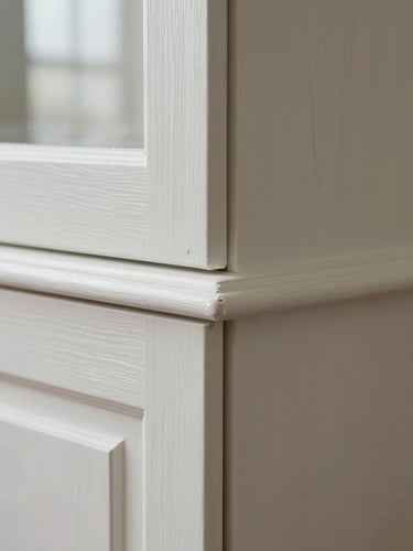 Meticulous close-up of a crisp paint-to-trim transition on a custom white oak cabinet joint, soft natural window light.