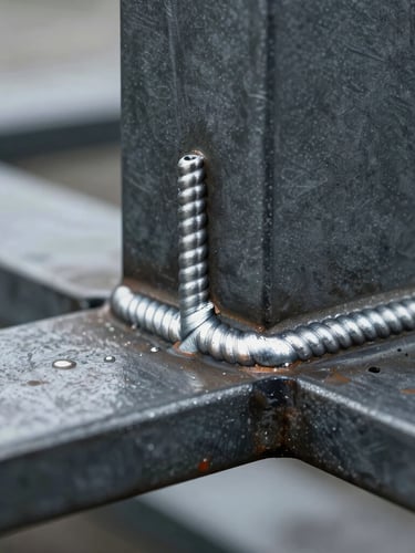 Macro close-up of a clean, stacked-dime weld bead on structural steel, cool overcast Pacific Northwest daylight, architectural metal framing detail.
