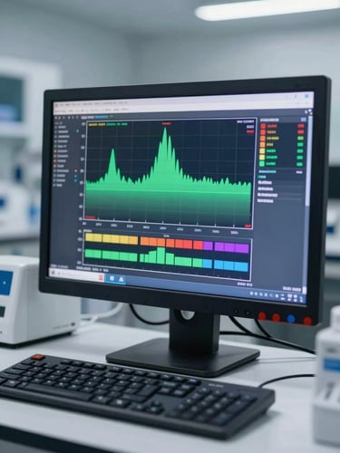 A clean laboratory computer monitor displaying spectral data graphs and color compliance charts, sharp focus, cool clinical lighting.