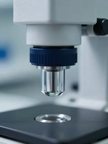 Macro close-up of a benchtop spectrophotometer optical sensor, cool clinical lighting, sharp focus on the glass lens, deep navy and silver tones.