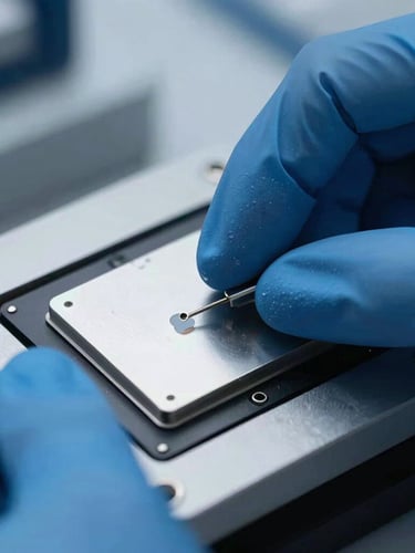 Macro close-up of a high-precision optical sensor calibration tile, hands in blue nitrile gloves positioning the specimen under clinical cool laboratory lighting.