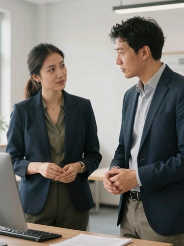 Portrait orientation, 35mm style. Two professional advisors collaborating with a local manager in a bright, modern logistics office, natural light, muted navy and olive tones, depth of field.