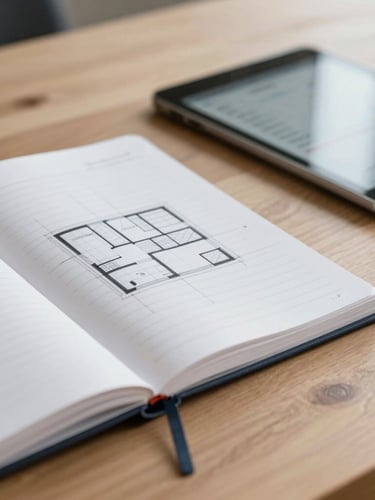 Close-up of a wooden desk with a notebook, a structured architectural blueprint, and a modern tablet displaying data, soft natural office light, professional 35mm style