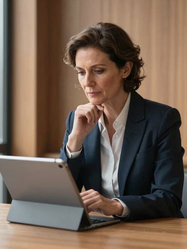 A professional portrait of an elegant, mature business director looking thoughtfully at a modern tablet screen in a warm, wood-paneled office in Madrid, soft natural light from a side window, editorial corporate photography style.