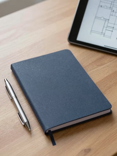 Notebook and pen on a solid wooden desk next to a tablet showing clean operational diagrams, soft natural side light, editorial corporate photography
