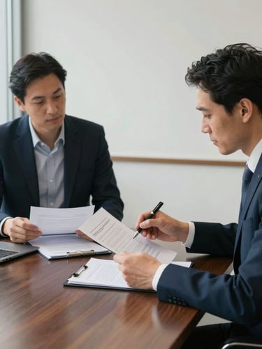 A professional meeting room with natural light, two business partners reviewing structured documents on a dark oak table, muted navy tones, professional 35mm style