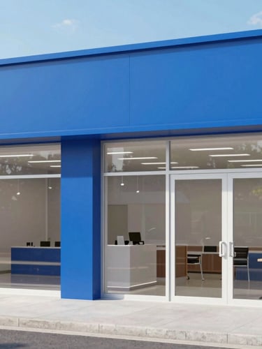 Medium-wide environmental shot of a modern local business storefront with a clean interior, bright natural daylight, crisp corporate blue tones, sharp focus.