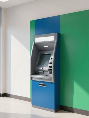 Medium-wide environmental shot of a modern retail space with a secure ATM installation, bright natural daylight, clean commercial interior, 35mm lens